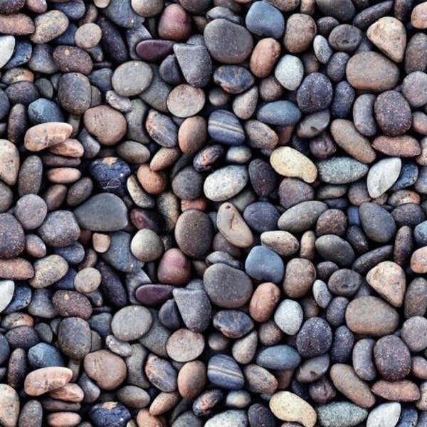 Stone fabric by the yard - Blue - Landscape Medley Collection - Elizabeth's Studio - 100% Cotton - skipping stones beach rocks