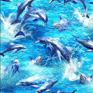 May include: A vibrant image showcasing multiple dolphins leaping and swimming in a bright blue ocean. The dolphins are various shades of blue and gray, with splashes of white water adding dynamic movement. The overall theme is marine life and aquatic animals.