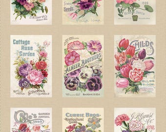 Seed Catalog Fabric Panel - 24" x 44" - 100% cotton - Marcus Fabrics - Cottage Lace Collection
