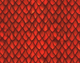 May include: A close-up view of a fabric with a repeating pattern of red, scale-like shapes. The scales have a textured appearance and are shaded to create a sense of depth. The overall effect is reminiscent of dragon scales.