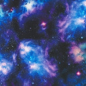 May include: A fabric pattern featuring a deep space galaxy theme with vibrant swirls of blue, purple, and magenta nebulas. The design is densely populated with tiny white stars of varying sizes and brightness, creating a vast cosmic effect.