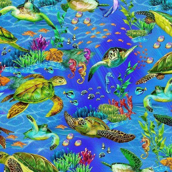 Sea turtle Fabric by the yard - Deep Blue Sea - MICHAEL-C6154 - Timeless Treasures - 100% Cotton - Colorful ocean theme turtle print