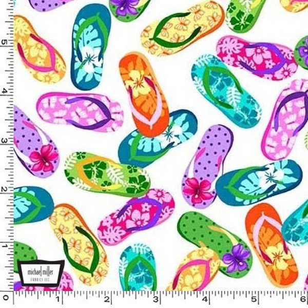 Flip Flops on white - Beach fabric - Let's Get Tropical by Michael Miller - 100% Cotton Fabric - Pool Party Hawaiian Luau