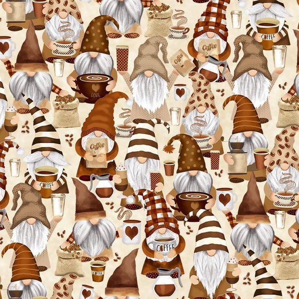 Coffee Gnome Fabric - Timeless Treasures - Espresso Yourself collection - 100% Cotton Fabric - coffee material