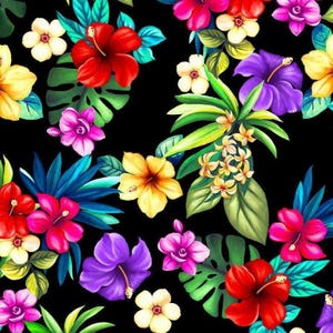 May include: A colourful floral pattern showcasing tropical flowers in red, pink, yellow, and purple, on a black backdrop. The design includes hibiscus, orchids, and other exotic blooms with lush green foliage.