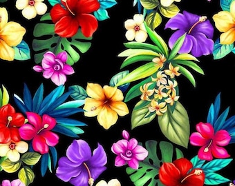 Puede incluir: Un vibrante patrón floral con una variedad de flores tropicales en tonos de rojo, rosa, amarillo y morado, sobre un fondo negro. El diseño incluye hibiscos, orquídeas y otras flores exóticas con exuberante follaje verde.