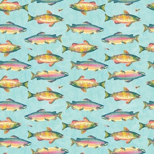 May include: A repeating pattern of colorful fish on a light blue background. The fish are depicted in shades of yellow, orange, pink, and blue, with small details and a textured appearance. The design is reminiscent of a watercolor painting.