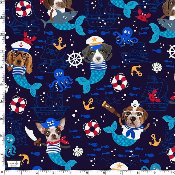 Dog Pirate Fabric - Nautical Fabric - Michael Miller Woof Woof Pirates Collection - 100% Cotton - Ships Skulls Sailing Boats