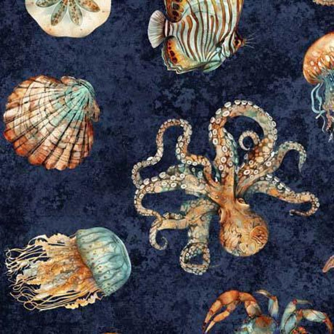 Sea Creature Fabric Navy QT Fabrics 100 Cotton Ocean Life