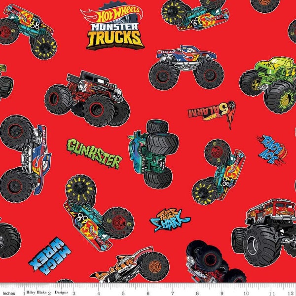 Hot Wheels Monster Trucks Red for Riley Blake - 100% cotton fabric - Mega Wrex, Tiger Shark, 5 Alarm, Gunkster, Race Age