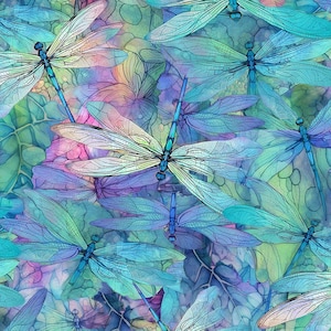 May include: A repeating pattern of dragonflies in shades of blue, teal, and purple. The dragonflies have delicate, detailed wings and are set against a backdrop of abstract leaves and floral elements. The overall effect is a vibrant, artistic design.