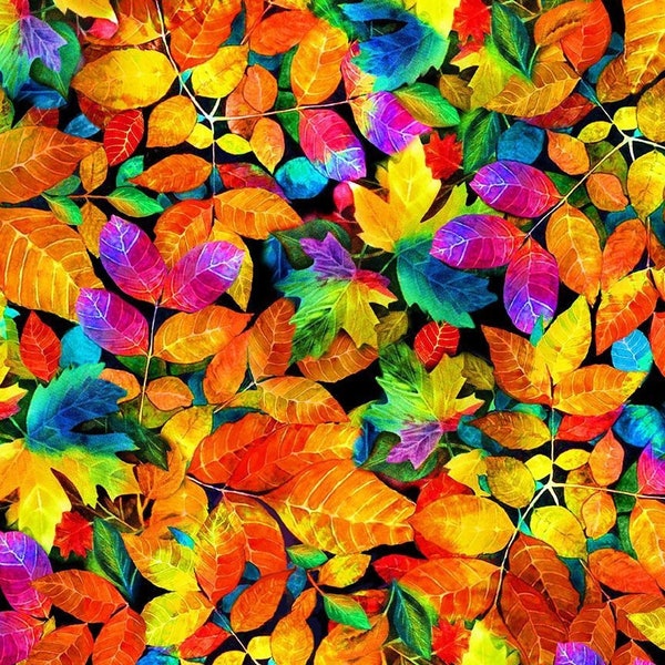 Electric Colors Fall Leaves Fabric - Nature's Glow by Timeless Treasures -100% Cotton- Multicolor leaf vibrant nature theme