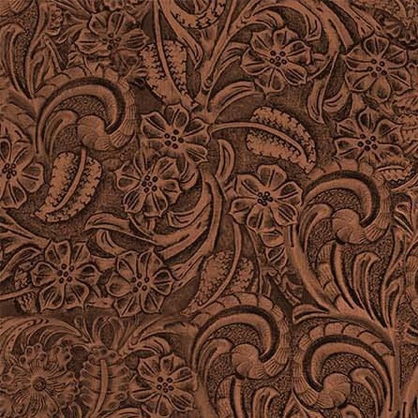 Tooled Leather COTTON Fabric - Mahogany - Big Sky Country Collection - Not real leather - Faux leather floral Material