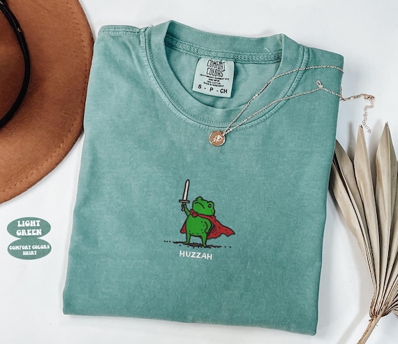 Embroidered Huzzah Frog with Sword Tee,  Medieval Frog Shirt, Comfort Colors Shirt, Funny DnD Tee, Renaissance Faire Frog Gift