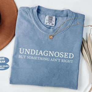 May include: A blue jean Comfort Colors shirt with the text "UNDIAGNOSED BUT SOMETHING AIN'T RIGHT" in white. A gold necklace with a pendant rests on the shirt. The shirt is folded and placed on a white surface.