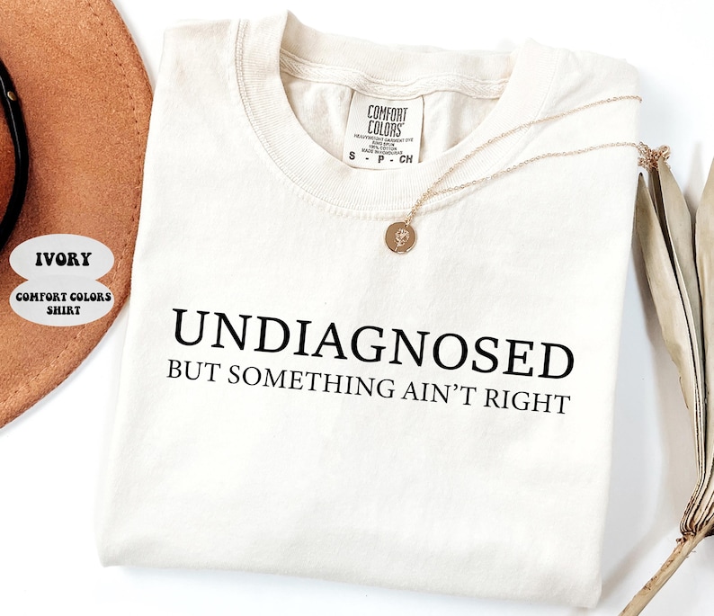 May include: Ivory Comfort Colors shirt with the text "UNDIAGNOSED BUT SOMETHING AIN'T RIGHT" in black. A gold necklace with a pendant is draped on the shirt. A brown hat and dried plant stems are in the background.