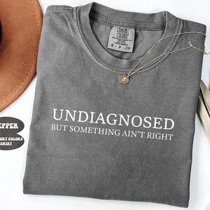 May include: A gray Comfort Colors t-shirt with the text "UNDIAGNOSED BUT SOMETHING AIN'T RIGHT" in white. A gold necklace with a pendant is draped across the shirt. A brown hat is visible in the upper left corner.