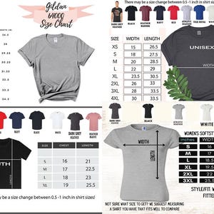 Op de afbeelding: Een maattabel voor Gildan 64000 t-shirts, met afmetingen in inches. De tabel bevat maten XS tot 4XL voor unisex en damesmodellen, en jeugdmaten. Verschillende kleuren shirts worden weergegeven, waaronder zwart, wit en heather mauve.
