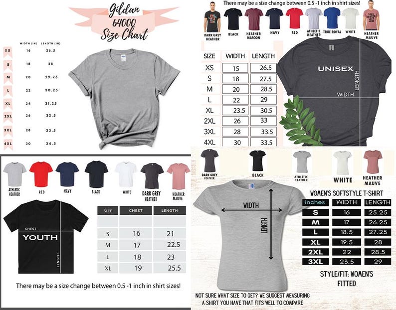 Op de afbeelding: Een maattabel voor Gildan 64000 t-shirts, met afmetingen in inches. De tabel bevat maten XS tot 4XL voor unisex en damesmodellen, en jeugdmaten. Verschillende kleuren shirts worden weergegeven, waaronder zwart, wit en heather mauve.