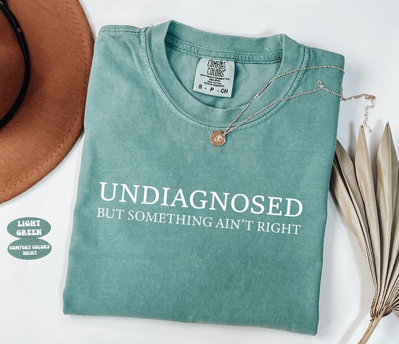 May include: A light green Comfort Colors t-shirt with the text "UNDIAGNOSED BUT SOMETHING AIN'T RIGHT" in white. A gold necklace with a pendant rests on the shirt. A brown hat and dried plant are also in the image.