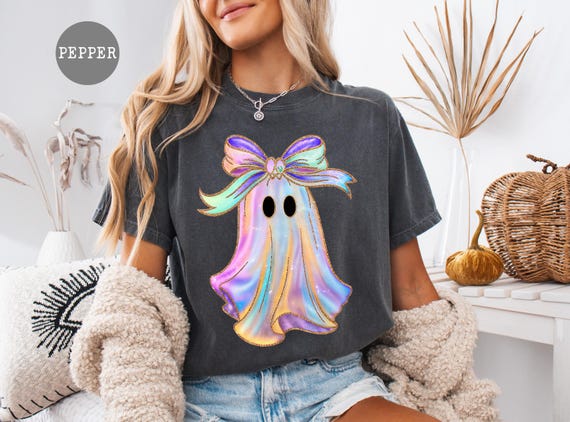 Iridescent Ghost Pumpkin Shirt, Coquette Aesthetic Halloween Tee, Cute Girly Ghost Shirt, Sparkly Pastel Halloween, Kawaii Ghost Shirt