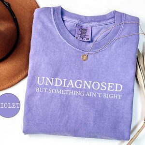 May include: A violet Comfort Colors t-shirt with the text "UNDIAGNOSED BUT SOMETHING AIN'T RIGHT" in white. A gold necklace and a brown hat are also in the image. The shirt is a size small.
