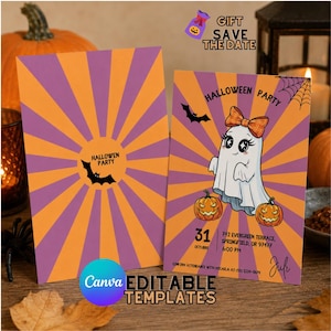 Puede incluir: Dos tarjetas de invitación rectangulares para fiesta de Halloween con un patrón de rayos naranja y morado. Una tarjeta muestra un fantasma con un lazo a cuadros, dos calabazas, una telaraña y texto con fecha, hora y ubicación.