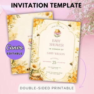 Puede incluir: Una plantilla de invitación de doble cara para baby shower con ilustraciones en acuarela de abejas, panales y flores amarillas. El texto incluye JOIN US FOR A BABY SHOWER IN HONOR OF SAMY WILSON, SEPTEMBER 25 AT 6:00 PM y datos de dirección.