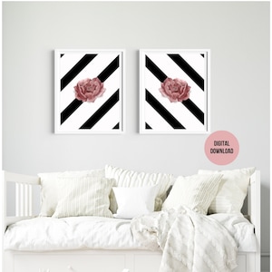 Soft Girl Era Black and White Floral Wall Art - 2 Piece set Pink wall prints,Minimalist Wall Art, Abstract Wall Art, Pink Wall Art