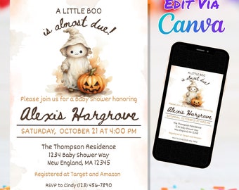 A Little Boo Is Almost Due Baby Shower Invitation, Halloween Baby Shower Invite, Template Canva Template | Edit and Print  Today