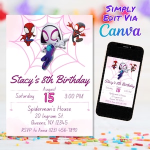 Girl Ghost Spidey Birthday Invitation, Spidey Gwen Birthday Party, Spider Gwen Party Invitation, Template Canva Template