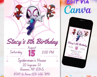 Invitación de cumpleaños de niña fantasma Spidey, fiesta de cumpleaños de Spidey Gwen, invitación de fiesta de Spider Gwen, plantilla de Canva