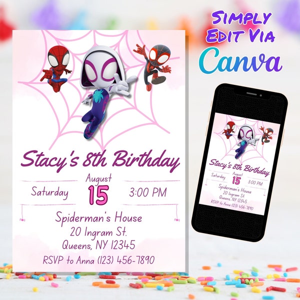 Girl Ghost Spidey Birthday Invitation, Spidey Gwen Birthday Party, Spider Gwen Party Invitation, Template Canva Template