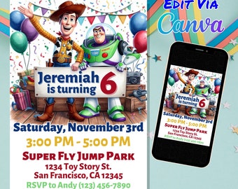 May include: A colorful birthday party invitation featuring Woody and Buzz Lightyear from Toy Story. The invitation is for Jeremiah's 6th birthday party, which will be held on Saturday, November 3rd from 3:00 PM to 5:00 PM at Super Fly Jump Park. The address is 1234 Toy Story St., San Francisco, CA 12345. RSVP to Andy at (123) 456-7890.