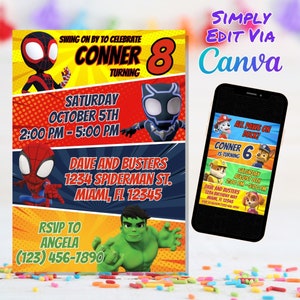 Spidey Birthday Invitation, Spidey and Friends Birthday Party, Spiderman Party Invitation, Template Canva Template