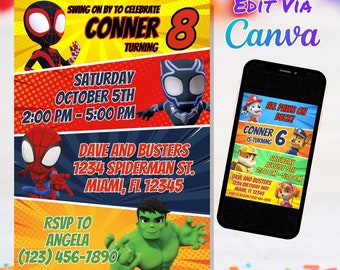 Spidey Birthday Invitation, Spidey and Friends Birthday Party, Spiderman Party Invitation, Template Canva Template