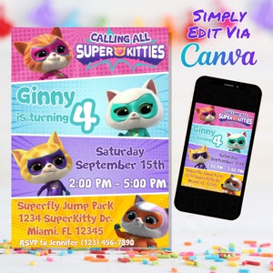 Super Kitties Invitation, Super Kitties Birthday Invitation, Super Kitties Party, Template Canva Template
