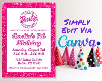 Doll Party Invitation, Doll Birthday Party, Hot Pink Party Invitation Doll Invitation, Template Canva Template | Edit and Print  Today