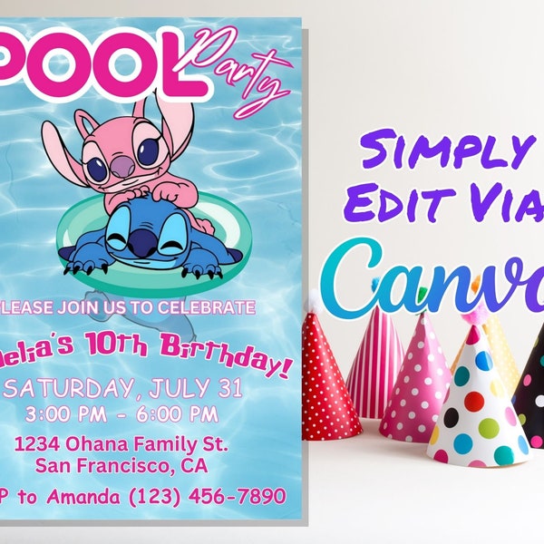 Engel und Stitch Pool Party Geburtstagseinladung Vorlage | Stitch and Angel Birthday Invite Noch heute bearbeiten und drucken