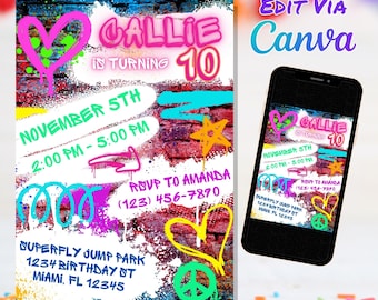 Neon Graffiti Birthday Invitation, Girl Graffiti Invite, Jump Park Invitation, Template Canva Template | Edit and Print  Today