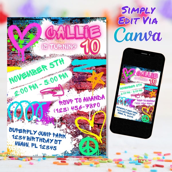 Neon Graffiti Birthday Invitation, Girl Graffiti Invite, Jump Park Invitation, Template Canva Template | Edit and Print  Today