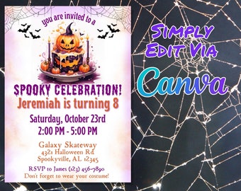 May include: Purple and orange Halloween party invitation with a spooky cake decorated with pumpkins and candles. The invitation says "You are invited to a Spooky Celebration! Jeremiah is turning 8. Saturday, October 23rd 2:00 PM - 5:00 PM. Galaxy Skateway 4321 Halloween Rd Spookyville, AL 12345 RSVP to James (123) 456-7890 Don't forget to wear your costume!"