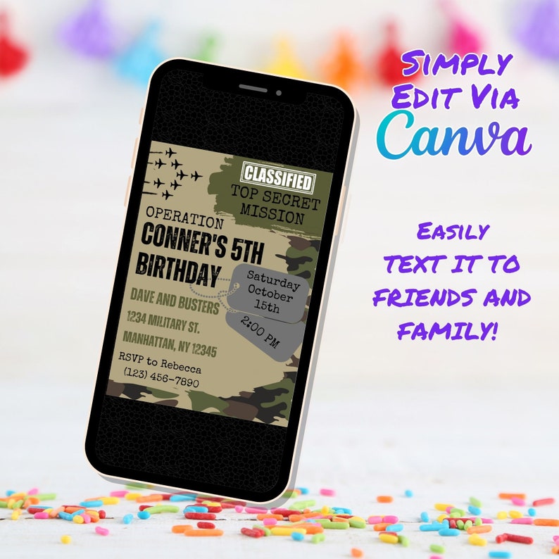 Military Theme Birthday Invitation, Camo Invite, Army Theme Invitation, Template Canva Template Edit and Print Today image 2