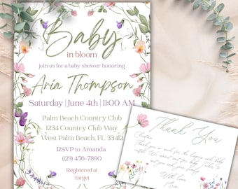 Wildflower Baby in Bloom Baby Shower Invitation & Wildflower Thank You Card Template | Edit in Canva | Spring Baby Shower Invitation WFB25