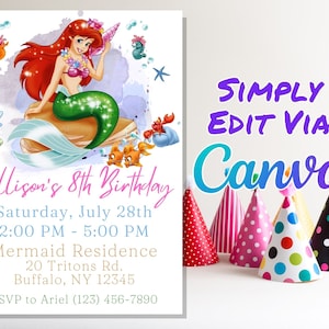 Invitation d'anniversaire de petite sirène, Invitation de fête d'anniversaire d'Ariel, téléchargement immédiat, modèle modifiable de Canva