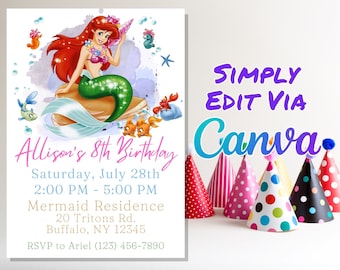 Little Mermaid Birthday Invitation, Ariel Birthday Party Invitation, Instant Download, Canva Editable Template