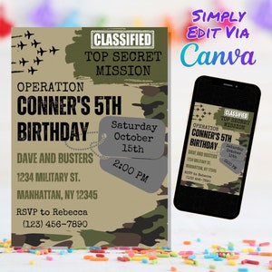 Military Theme Birthday Invitation, Camo Invite, Army Theme Invitation, Template Canva Template Edit and Print Today image 1