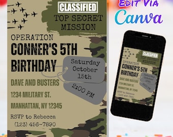 Military Theme Birthday Invitation, Camo Invite, Army Theme Invitation, Template Canva Template | Edit and Print  Today