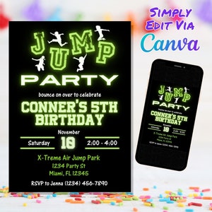 Trampoline Park Birthday Invitation, Jump Party, Jump Park Invitation, Template Canva Template | Edit and Print  Today