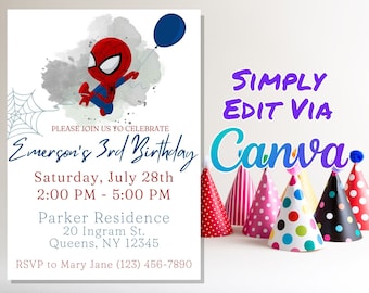 Invitación de cumpleaños de Spidey, linda invitación a la fiesta de cumpleaños de Spiderman, descarga instantánea, plantilla editable de Canva